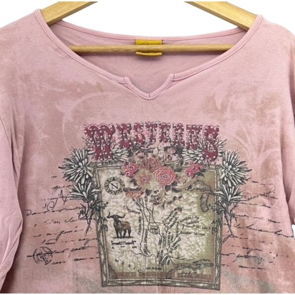 VTG Katina Marie Pink Western Map Floral Rhinestone Top SZ L Made in USA Cowgirl